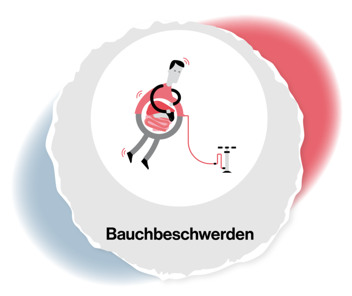 PV: Bauchbeschwerden Grafik einer Person, deren Bauch aufgedunsen ist und in deren Inneren man die Organe sieht. An den Bauch angeschlossen ist eine Luftpumpe.