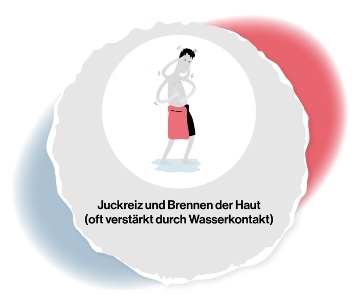 PV: Juckreiz und Brennen der Haut Grafik einer Person, die ein Handtuch um die Hüften gebunden hat und die sich überall am Körper kratzt.